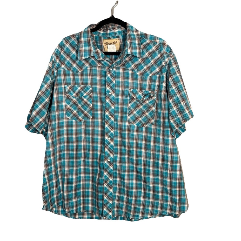 Wrangler Shirt Mens 2XL Blue Western Pearl Snap Plaid Short Sleeve Cowboy